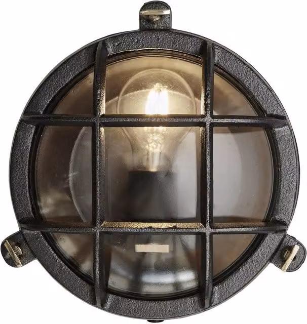 Industville Bulkhead Round Wall Light in Black with Transparent Glass for Outdoor and Bathroom Use, Diameter: 20.32 cm