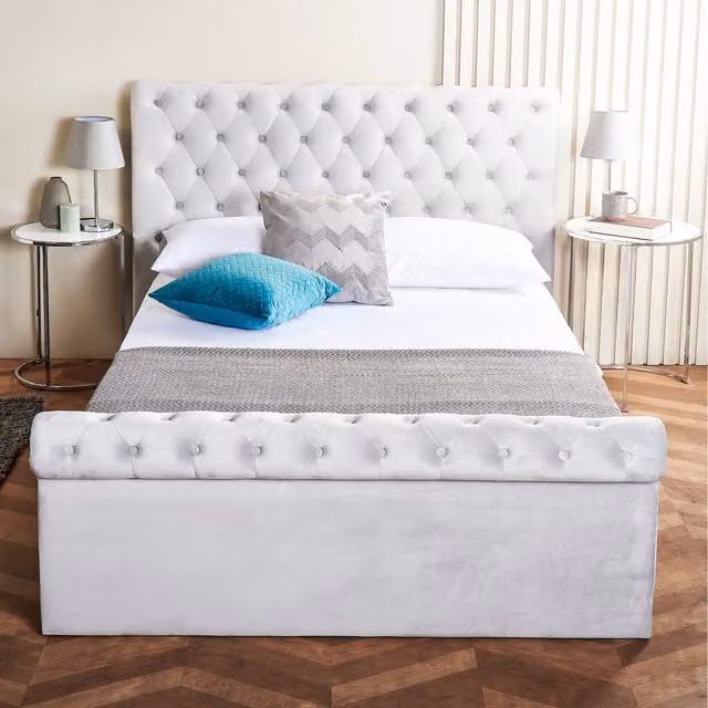 Home Treats Grey Velvet Upholstered Hybrid Ottoman Sleigh Bed with Lift Up Base, 200 x 200 cm