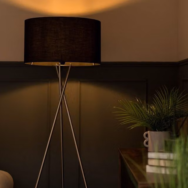 ValueLights Camden Polished Chrome Tripod Floor Lamp with Dark Navy Fabric Drum Shade and Bulb – 1