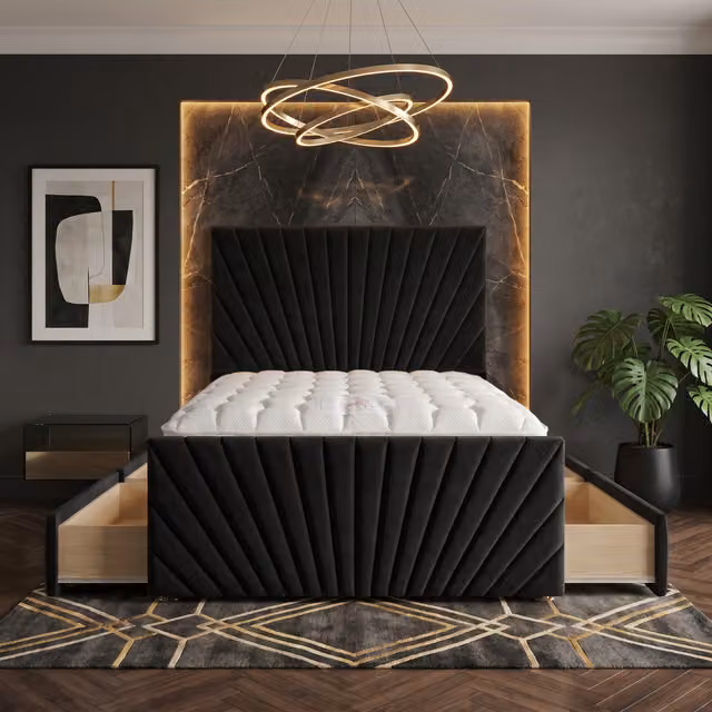 Somnior Beds Ltd Sunrise Velvet Divan Bed with Mattress and Drawers in Black, W/D/H: 140 x 200 cm