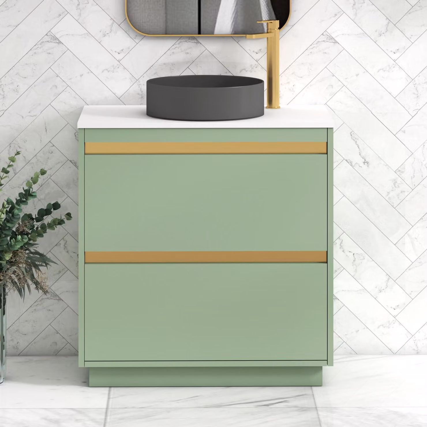 Royal Bathrooms Orion 800mm Mint Sage Floor Standing Vanity Unit with 2 Drawers, White Countertop and Art Round Basin with Brushed Brass Trim