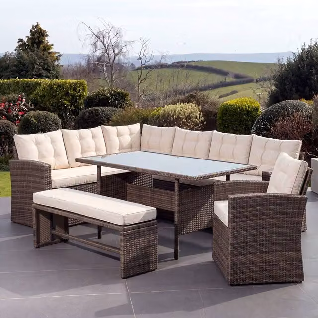 Artemis Home Piana 10 Seat Rattan Corner Sofa Set with Table, Bench and Chair in Brown