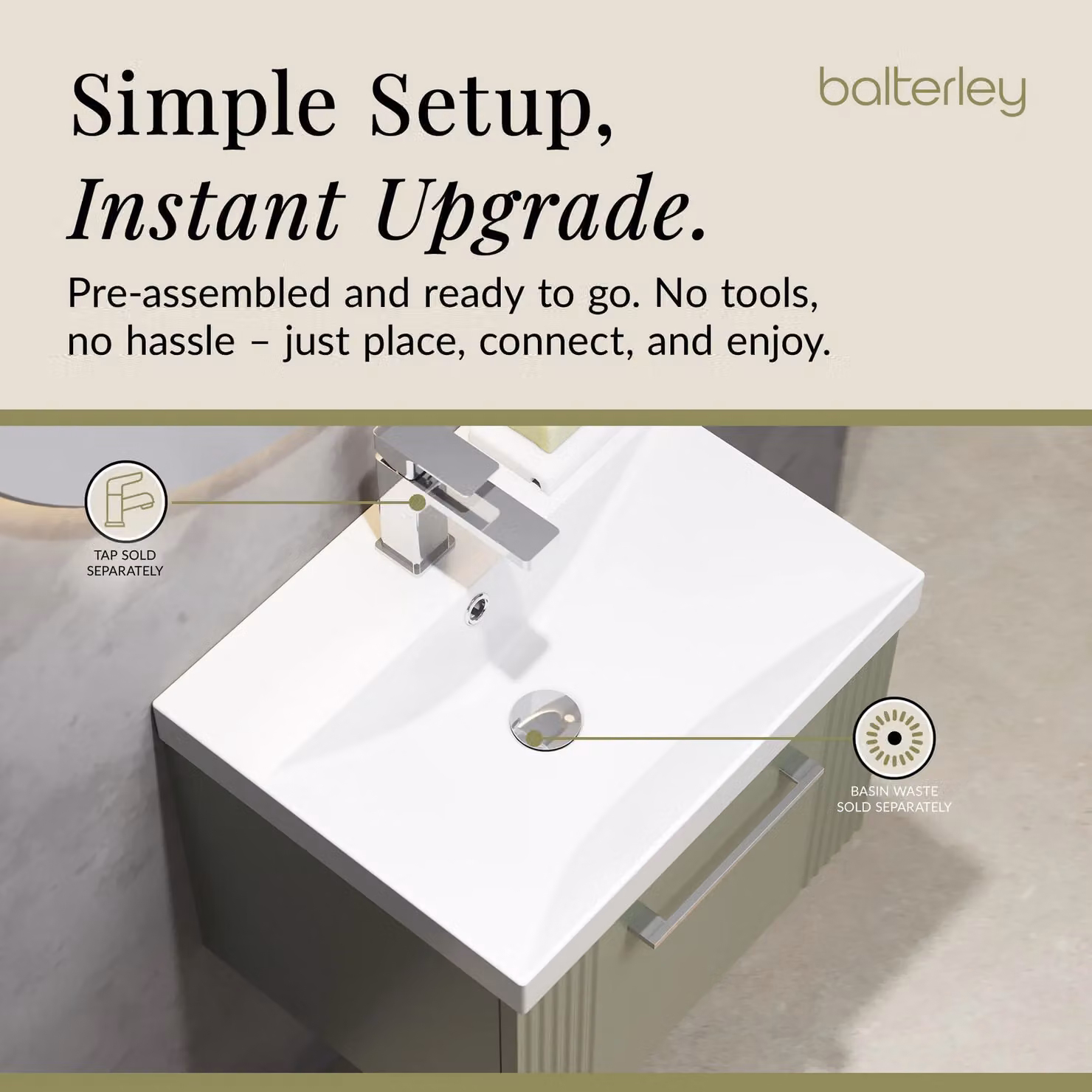 Balterley Wall Hung 1 Drawer Vanity Unit with Thin-Edge Basin, Satin Green, Width: 50 cm – 3