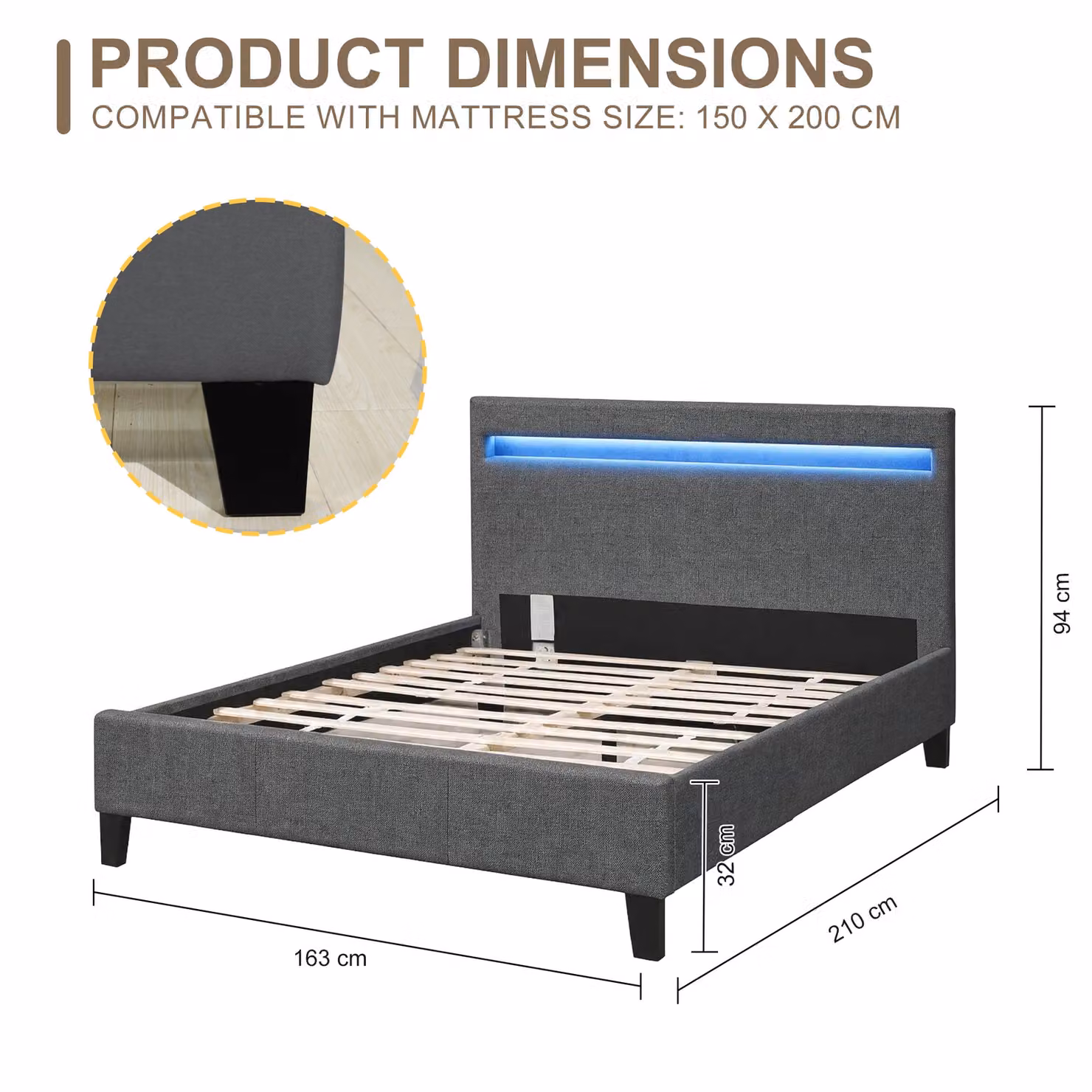 Comfy Living Ltd Modern Upholstered Bedframe with Under-Bed LED Lighting in Grey, King Size (180 x 200 cm) – 5