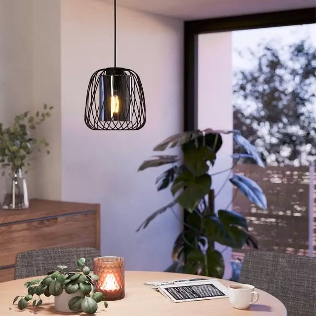 Eglo Floresta Modern Single Pendant Light in Black with Transparent Glass