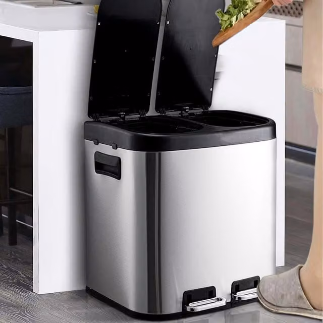 Livingandhome 20L Stainless Steel Dual Pedal Step Trash Can in Sand and Silver