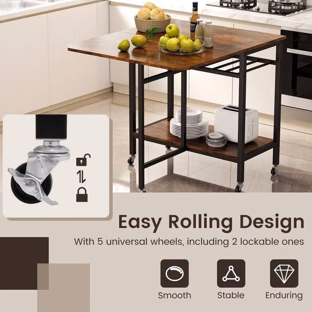 KORVIXA Portable Folding Kitchen Island Cart Table in Brown – 5