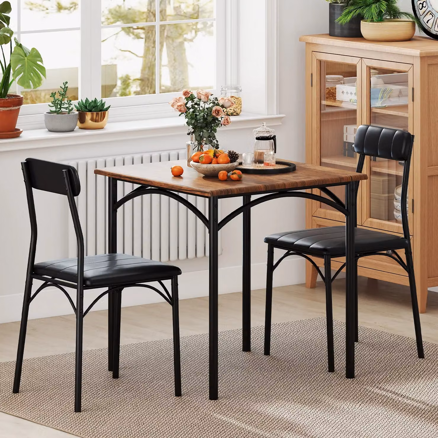 Gymax 3-Piece Dining Set Featuring a Square Table and 2 Upholstered Armless Chairs in Brown and Black – 3