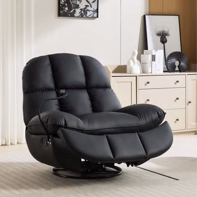 More4Homes Chicago Black Swivel and Rocker Manual Recliner Chair with Synthetic Leather and Bouclé Fabric