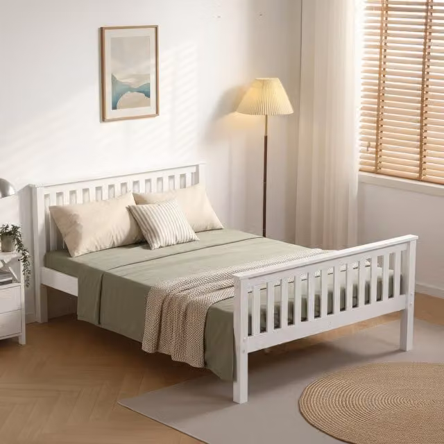 RELAXByAMANI Modern Solid Wood Pine Bed Frame in White, 180 x 200 cm