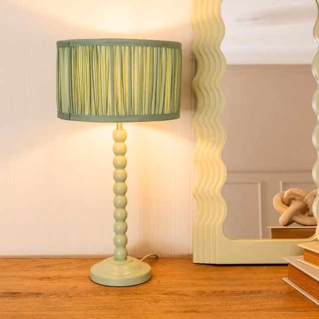 ValueLights Bobbins Sage Green Table Lamp with Ruched Pleated Drum Shade and LED Bulb