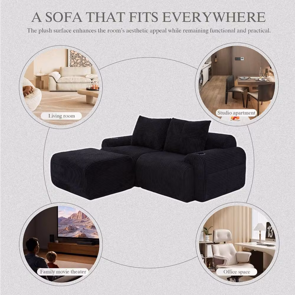 Rolipo Black Modular 2-Seater Corduroy Sofa with Matching Ottoman and Cup Holders – 7