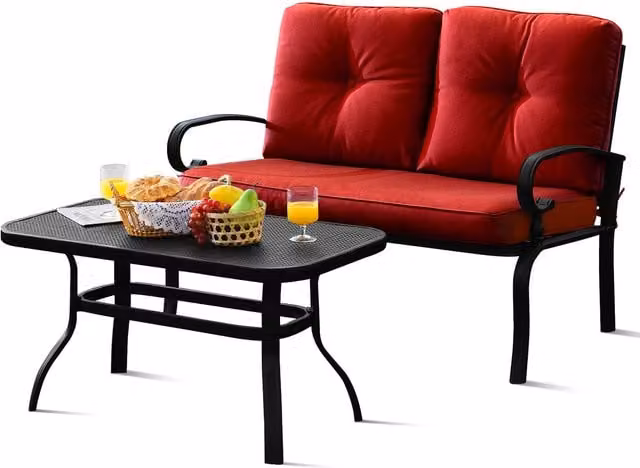 Costway Modern Metal Outdoor Conversation Set with Patio Bench and Table in Red or Blue