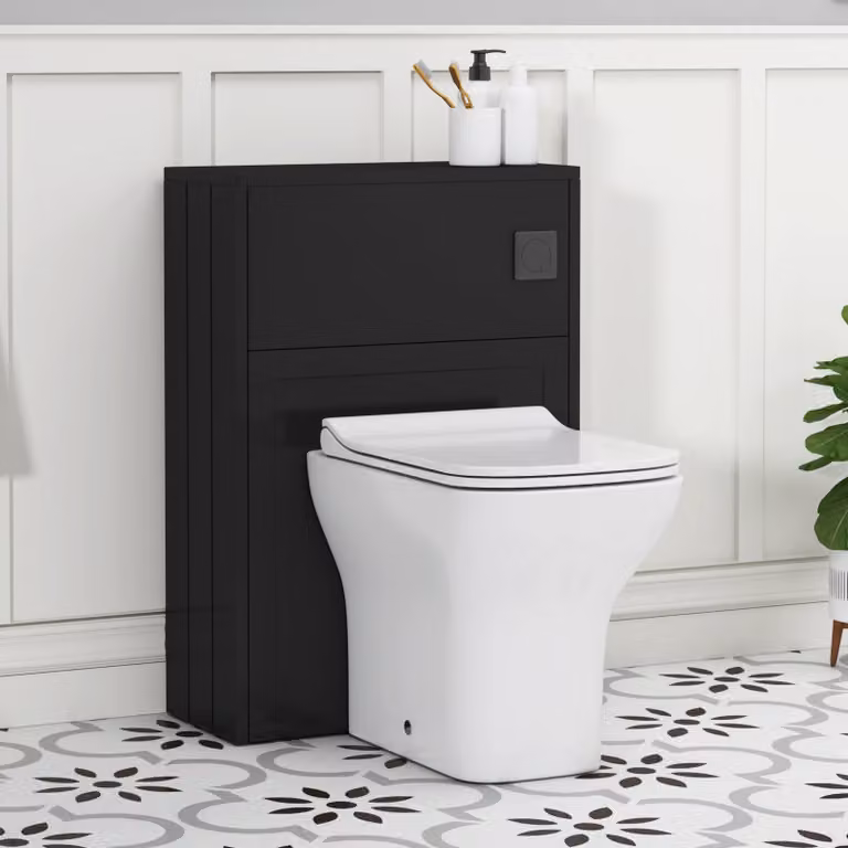 Royal Bathrooms Elmore Wall Mounted BTW WC Unit with Qubix Toilet Pan, Slim Seat and Cistern, Matt Nocturne Black, Width: 55 cm