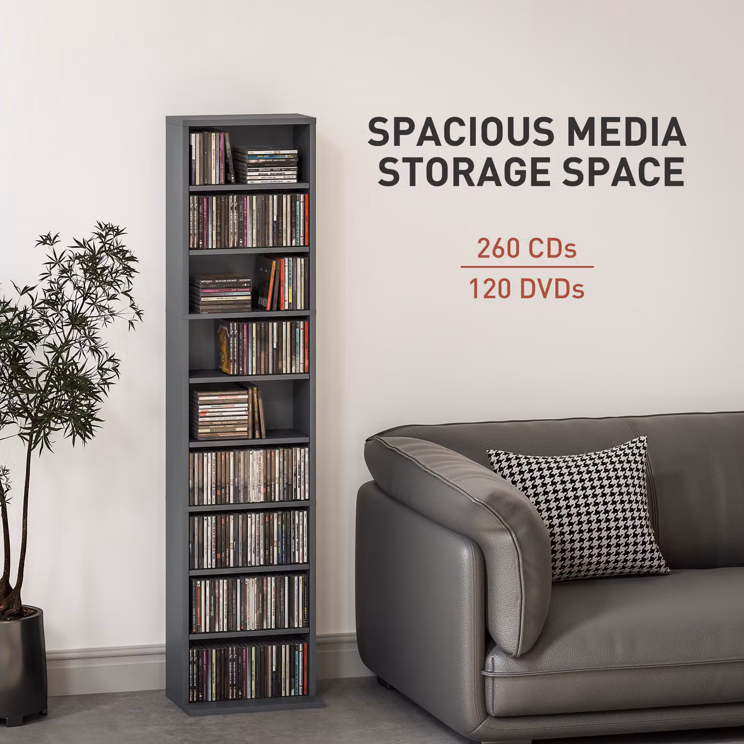 HOMCOM 260 Narrow CD Storage Unit in Grey with Adjustable Shelves and Media Compartments – 4