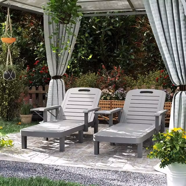 Outsunny Set of 2 Dark Grey Resin Reclining Sun Loungers with Armrests and Side Trays