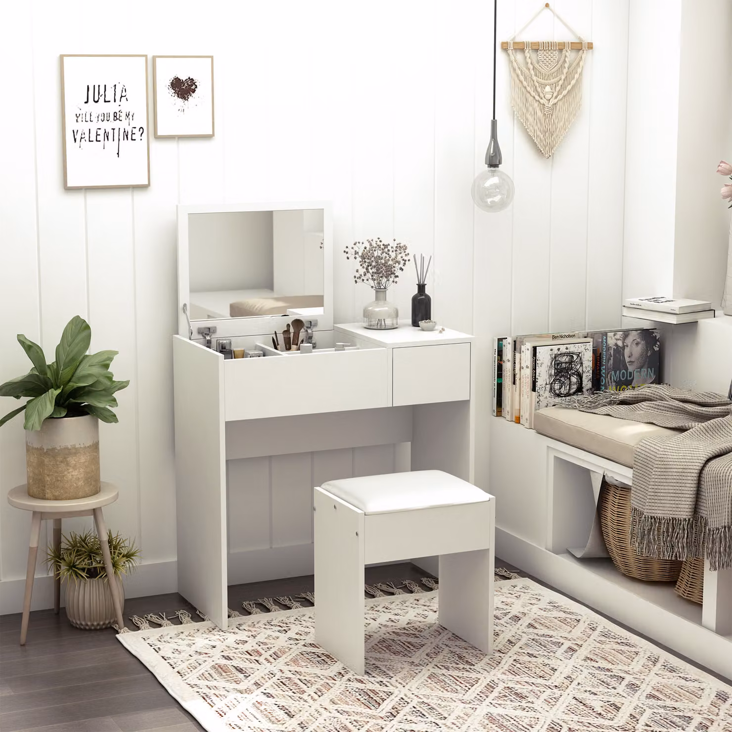 HOMCOM White Makeup Desk with Drawer, Flip-up Mirror and Cushioned Stool Vanity Table Set – 2