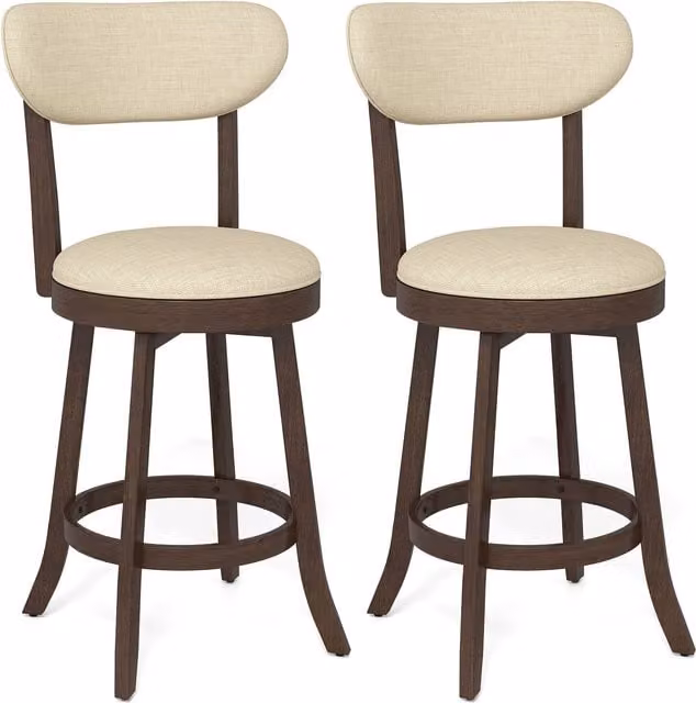 Costway Set of 2 Beige Fabric Swivel Counter Height Stools with Rubberwood Legs
