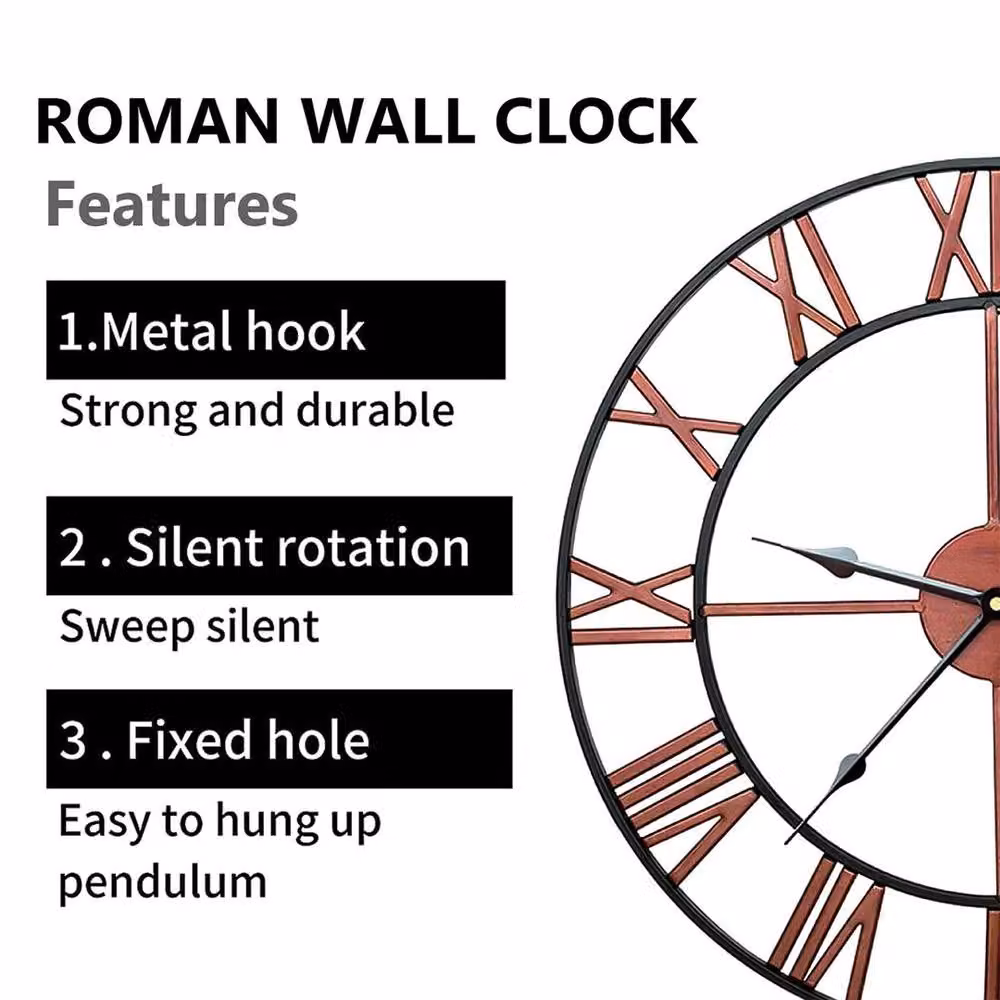 FLAVORA Copper-Garden Roman Large Analog Round Metal Wall Clock in Bronze, Diameter: 60 cm – 4