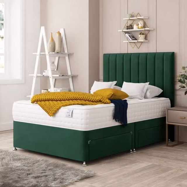 Bed Choices Alaska Small Double Divan Bed with 2 Drawers, Mattress and 54 inch Floor Standing Headboard in Emerald Green Velvet