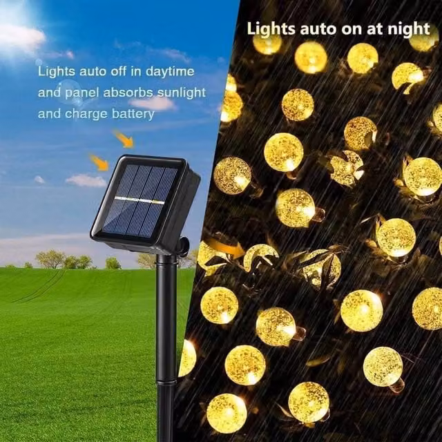 FLAVORA Solar LED String Lights with 60 Warm White Globe Bulbs for Parties
