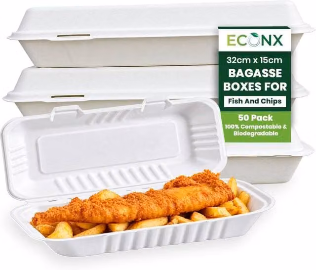 ECONX Biodegradable Bagasse Clamshell Fish and Chips Takeaway Food Containers, White, 200 Pieces