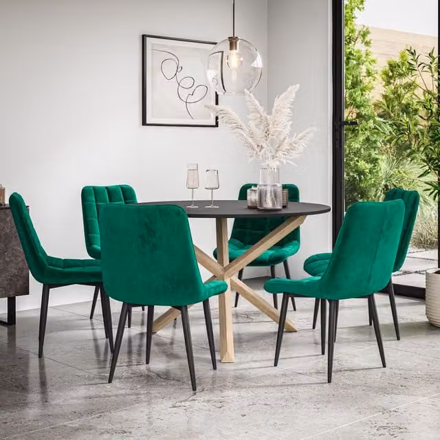 More4Homes Malvern Round Dining Table and 6 Nova Green Velvet Dining Chairs Set with Black Top and Solid Oak Legs, Diameter: 120 cm, Height: 75 cm