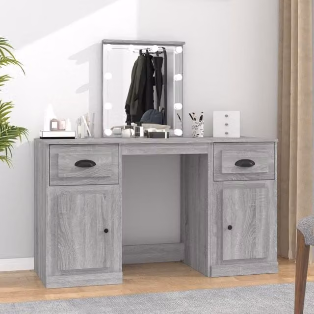 Berkfield Home Modern Grey Sonoma Dressing Table with LED Hollywood Mirror W/D/H: 130 x 50 x 132.5 cm