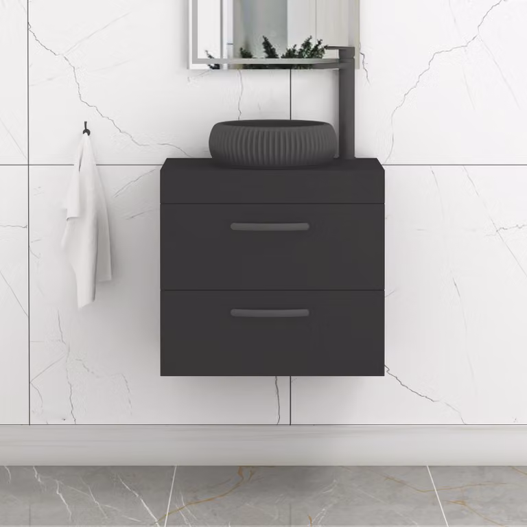 Royal Bathrooms Turin 600mm Wall Hung Vanity Unit with 2 Drawers and Countertop Basin in Matt Black