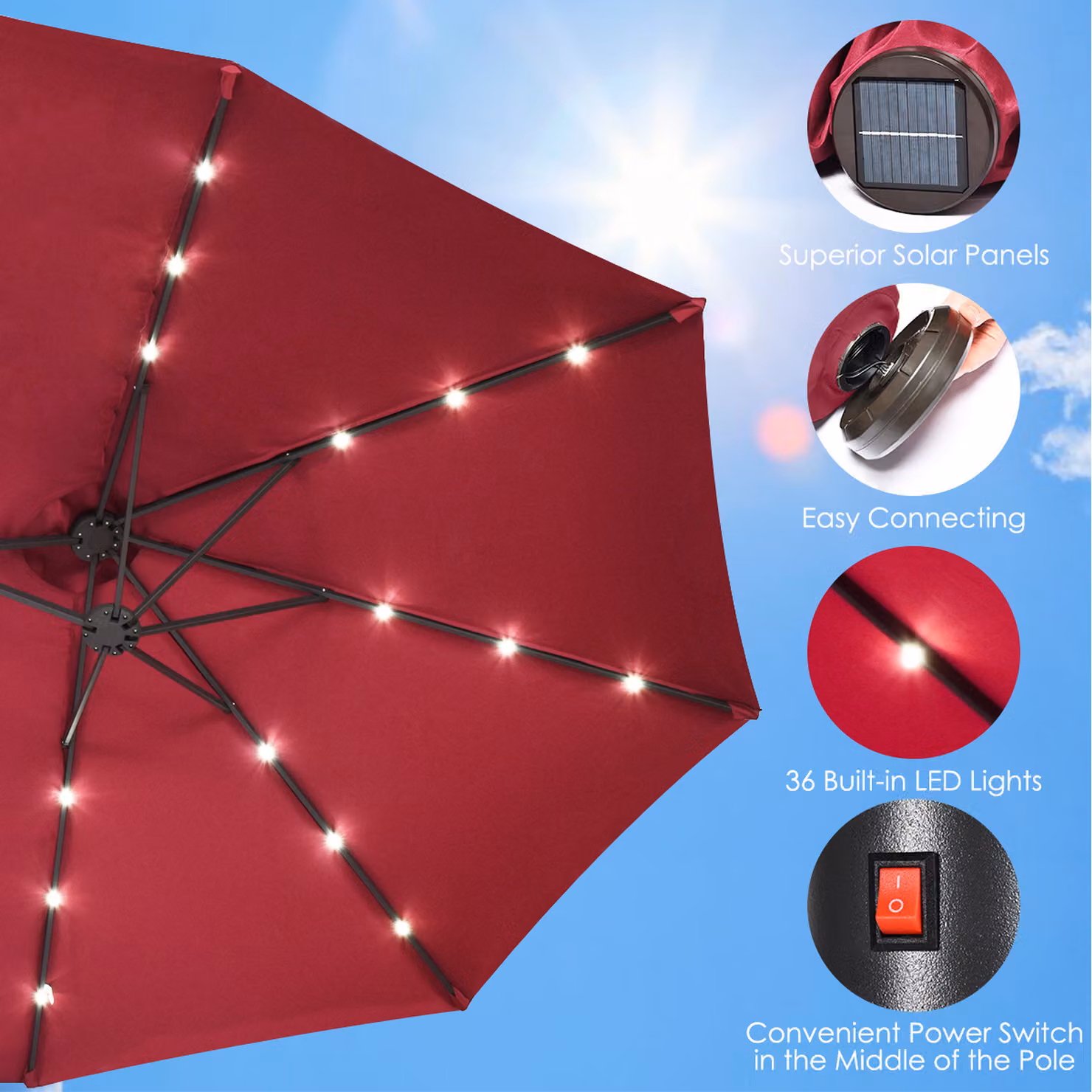 COSTWAY Solar LED Double-Sided Cantilever Umbrella in Wine Red – 2