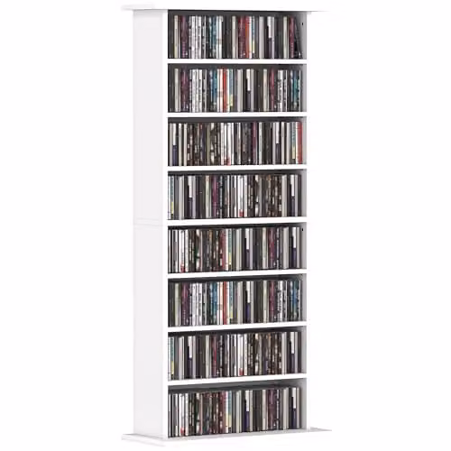 HOMCOM White Modern CD and DVD Storage Unit with 6 Adjustable Shelves, W/D/H: 58.0 x 24.0 x 126.3 cm – 1