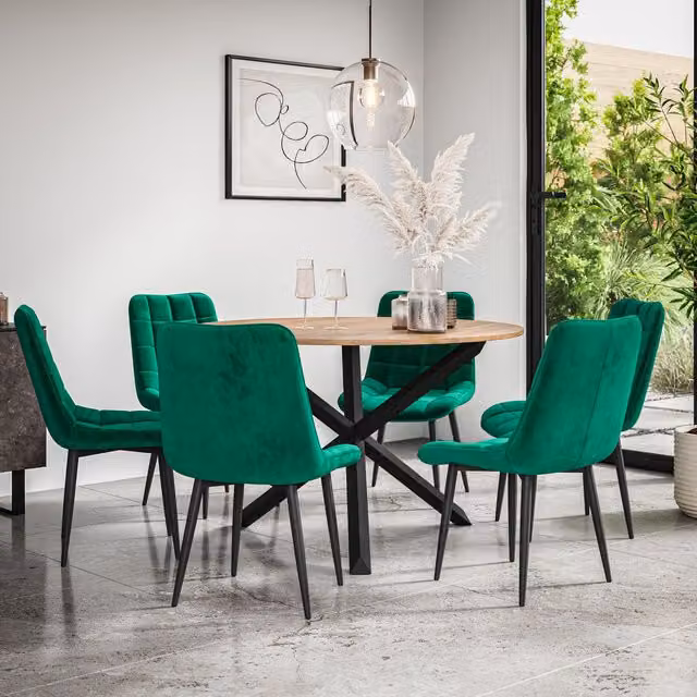 More4Homes Malvern Round Dining Table and Set of 6 Nova Green Velvet Chairs with Oak Top and Black Legs, Diameter: 120 cm, Height: 75 cm