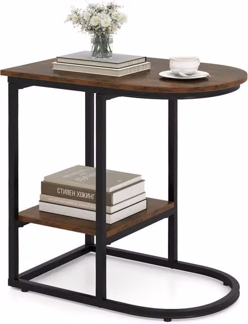 COSTWAY C-shaped Brown Wood Composite Sofa Side Table