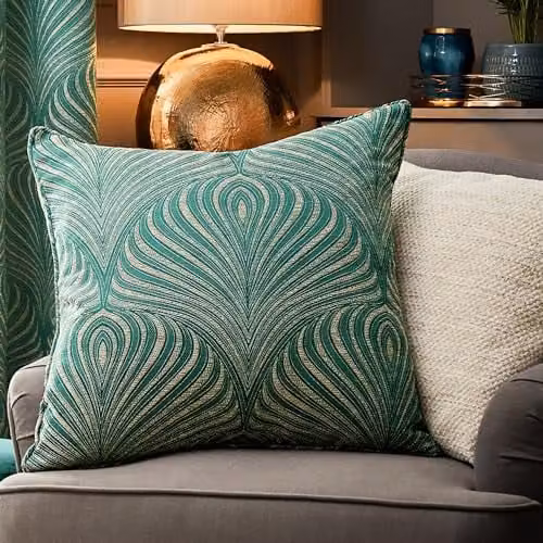 Paoletti Gatsby Jacquard Square Cushion in Green and Gold, W/D/H: 55 x 55 x 5.5 cm