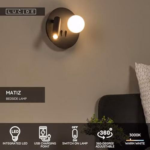 Lucide Matiz Black LED Wall and Bedside Lamp with USB Charging Point, 3000K Warm White, Diameter: 16.5 cm – 2