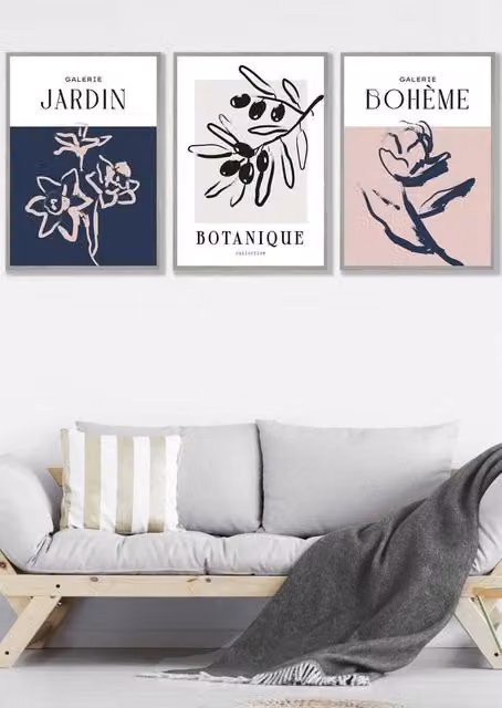ARTZE Set of 3 Minimalist Botanical Sketch Wall Art with Light Grey Frames, Featuring Pink, Navy Blue and Grey Floral Illustrations, W: 45 cm, H: 62 cm, D: 2 cm