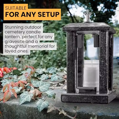 NOVECRAFTO Black Granite Square Memorial Lantern with Cross, Height: 32 cm – 4