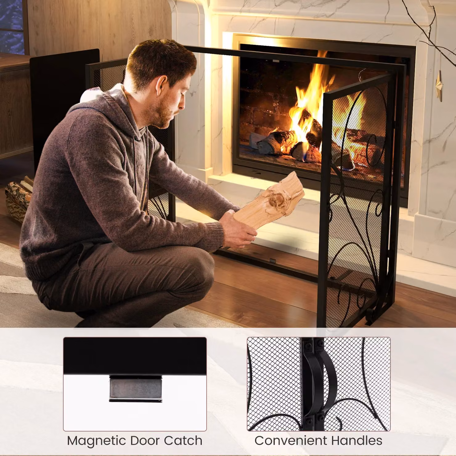 Costway Black Metal Freestanding Mesh Fireplace Spark Guard, W: 96 cm, H: 78 cm – 4