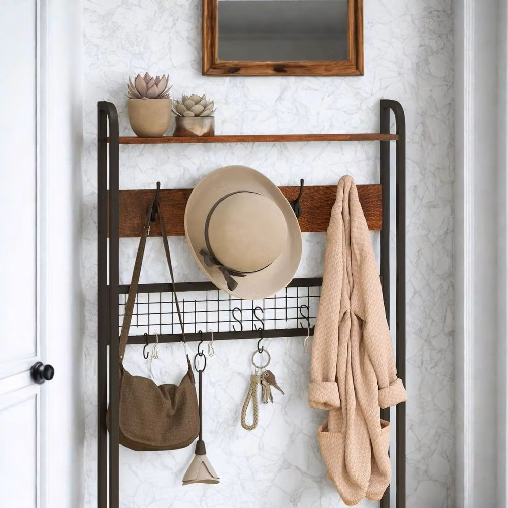 FURNOS Industrial Hall Tree Coat Rack with Bench in Brown, H 180 x W 120 x D 30 cm – 5