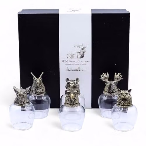 Ancient Wisdom Wild Forest Creatures Glass and Brass Bottom Up Shot Glasses, Set of 6, 100ml, Antique Bronze and Transparent – 1