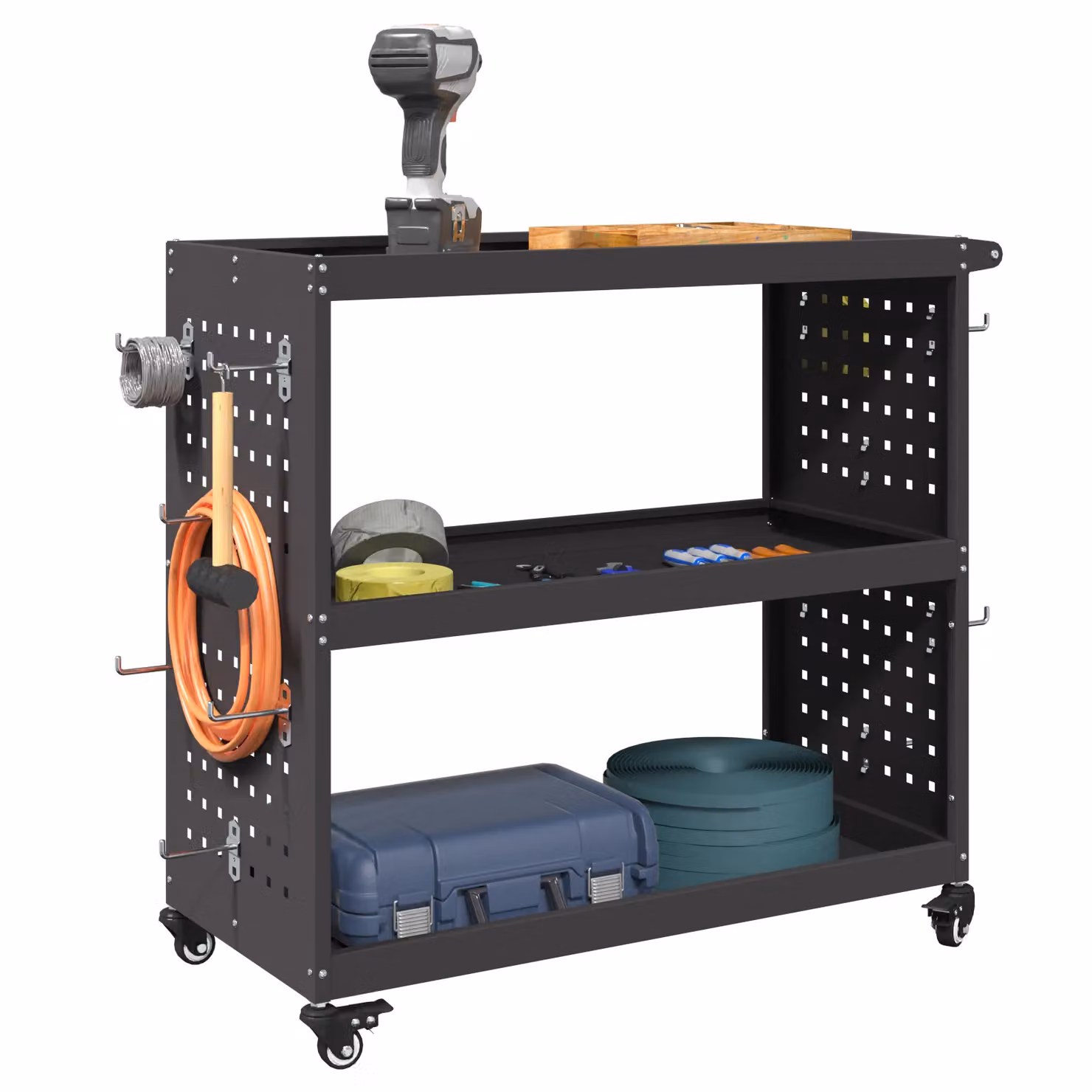Berkfield Metal Tool Trolley with Shelf and Wheels in Black – 3