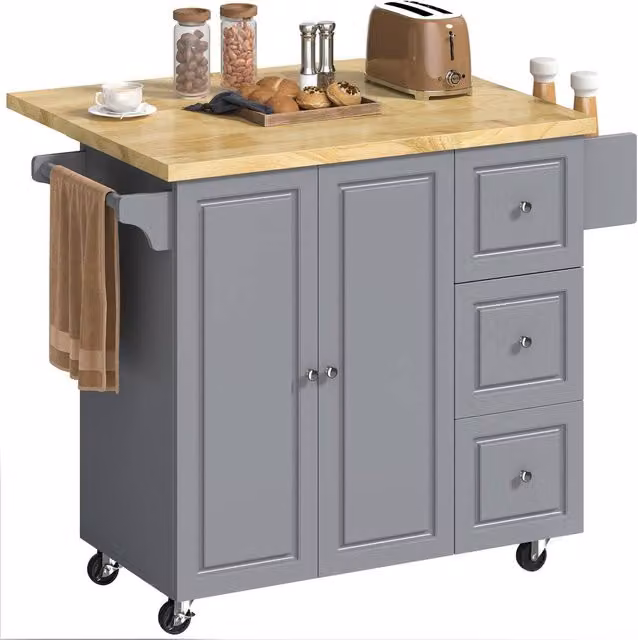 HOMCOM Rolling Kitchen Island Storage Trolley with Drop Leaf and Drawers in Grey