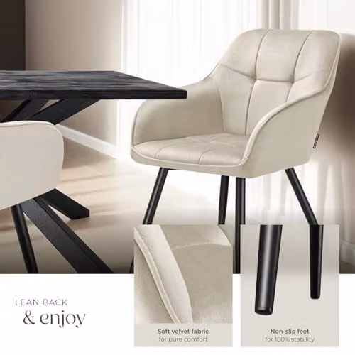 tectake Set of 6 Modern Dining Chairs with Armrests and Velvet-Look Fabric in Black – 3