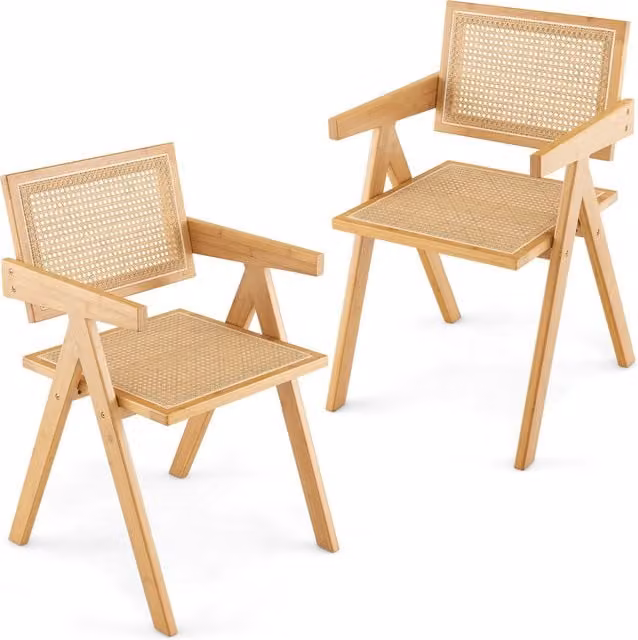 Costway Set of 2 Mid Century Dining Chairs in Brown and Beige with Rattan and Bamboo Wood