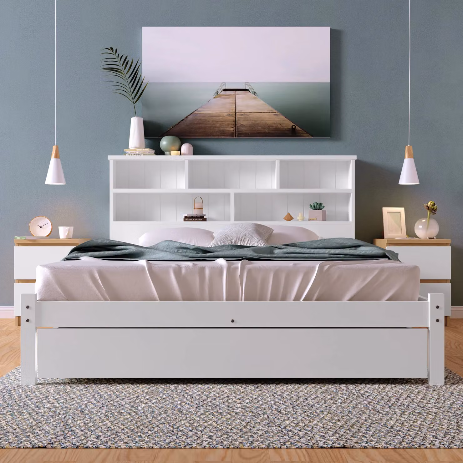 HomeTouch Rebecca White Solid Wood Double Bed Frame with Bedside Shelves and Drawers, W/D/H: 140 x 200 x 145 cm – 3