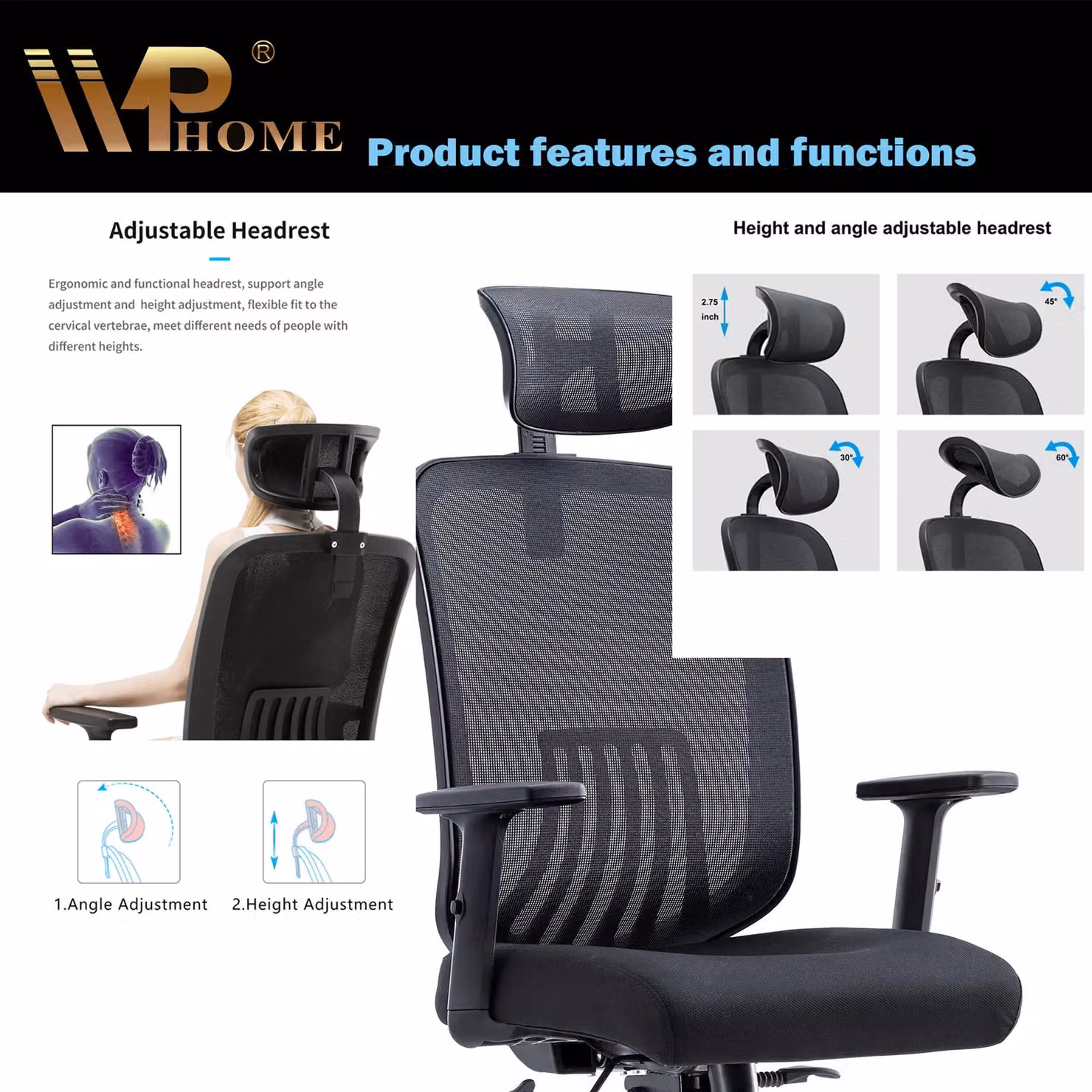 JFY Executive Reclining Office Chair in Black with Breathable Mesh, Headrest and 360 Degree Swivel – 4