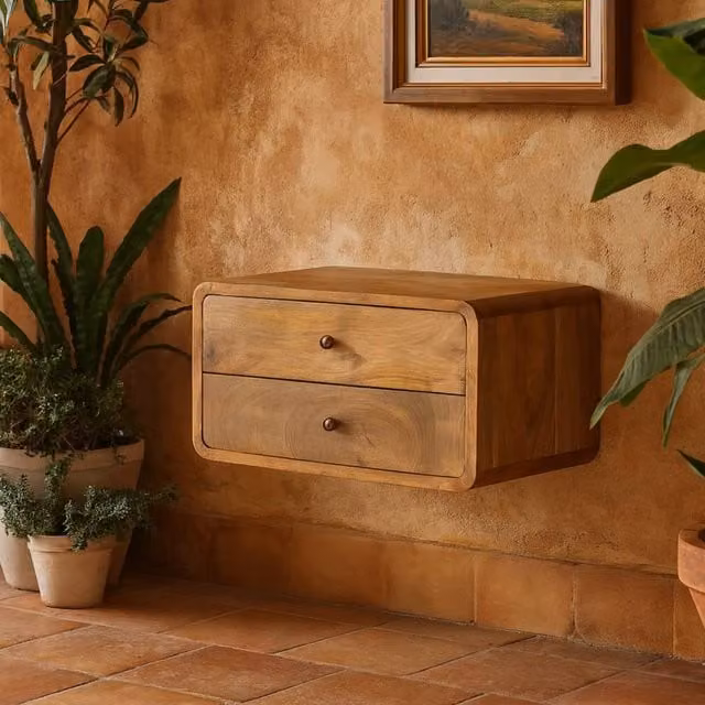 Wyld Haus Gradara 2 Drawer Floating Bedside Table in Brown Natural Oak and Mango Wood W/D/H: 45 x 32 x 25 cm – 1