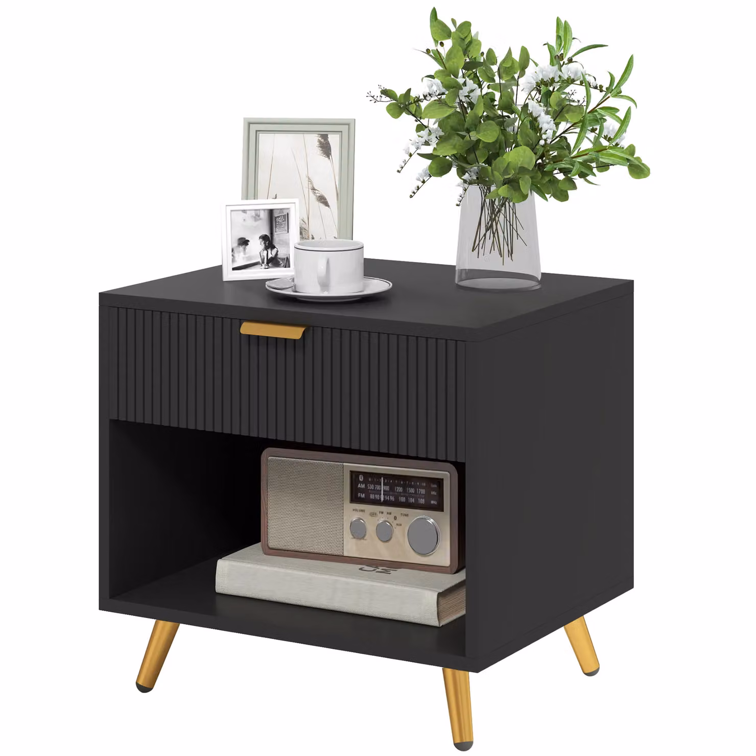 HOMCOM Modern Black Bedside Table with Drawer and Open Compartment – 2