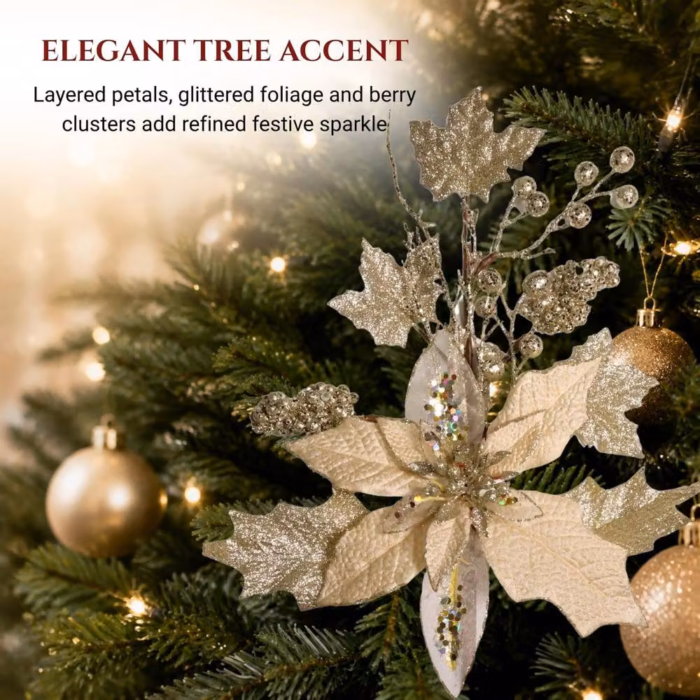 Shatchi Gold Champagne Glitter Poinsettia and Berry Christmas Picks, 6 Pack, Height: 46 cm – 5