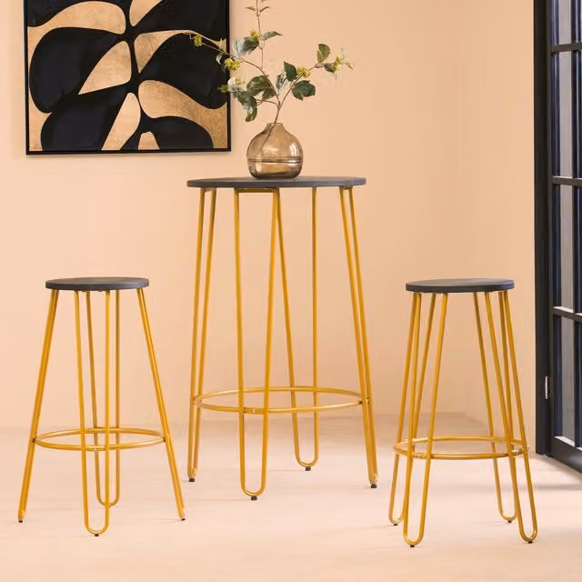 Orsina Set of 3 Modern Round Wood and Metal Bar Stools in Gold, Brown and Beige – 2
